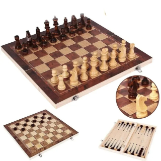 Šachy 3v1, dřevěné, skládací (šachy + dáma a backgammon)